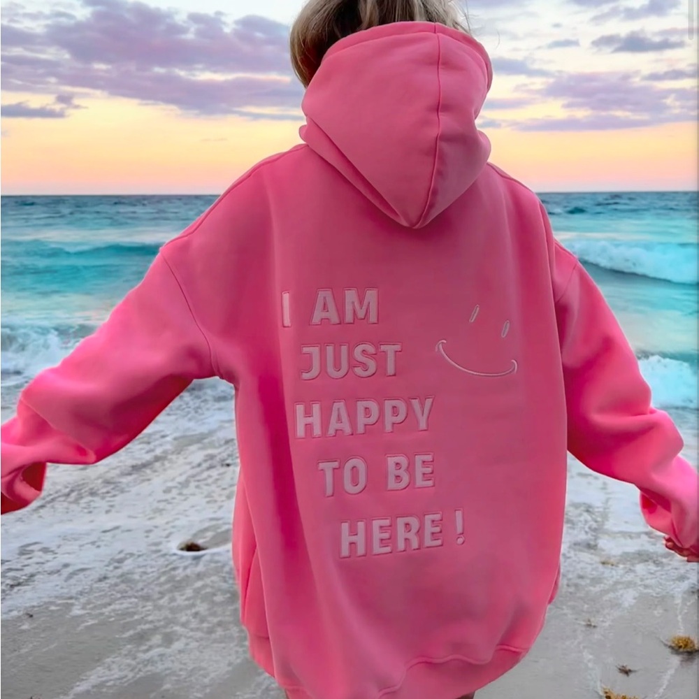 Sunkissed Coconut Happy to Be Here Hoodie Sweatshirt Beach Fun Pink Soft NEW